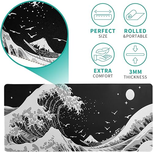Miniatura 6 de Alfombrilla de mouse japonesa negra con ondas marinas abstractas de 31.5 x 11.8 pulgadas, textura de olas de mar, base de goma antideslizante,
