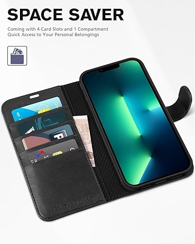 Miniatura 7 de TUCCH Funda tipo cartera para iPhone 13 Pro Max, bloqueo RFID, 4 ranuras para tarjetas, carcasa interior de TPU a prueba de golpes, funda magnética
