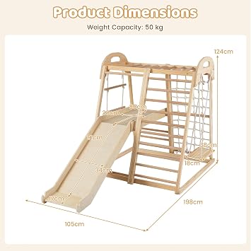 COSTWAY Indoor Climbing Frame for Toddlers, 8 in 1 Wooden Jungle Gym with Double-sided Ramp, Monkey Bar, Swing, Rope Ladder, Climbing Ladder & Net (Natural)