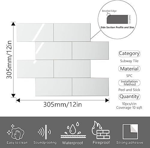 Miniatura 10 de Colamo Paquete de 10 azulejos de cerámica sintética de color blanco puro, adhesivos para azulejos de pared para salpicaduras de cocina, azulejos 3D