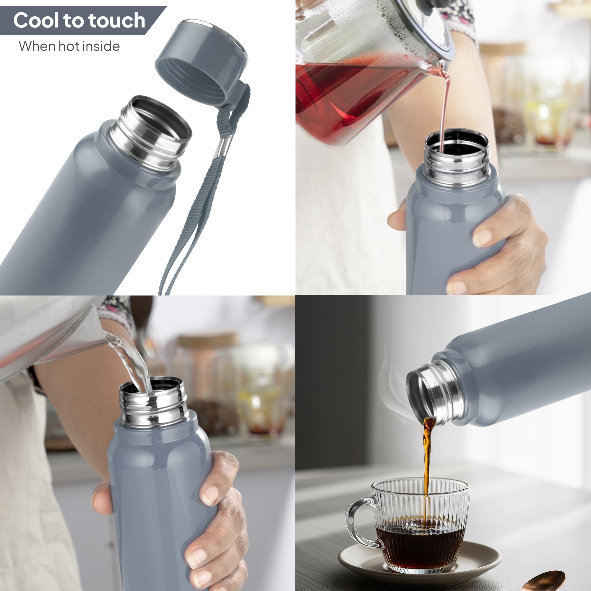 Cello Puro Steel-X Benz 900 PU Insulated Water Bottle 900 ml, Grey | BPA Free, Leakproof, ISI Certified |Hot & Cold Bottle for Gym, Office, College, Travel, Camping, Indoor & Outdoor Sports & Yoga 3