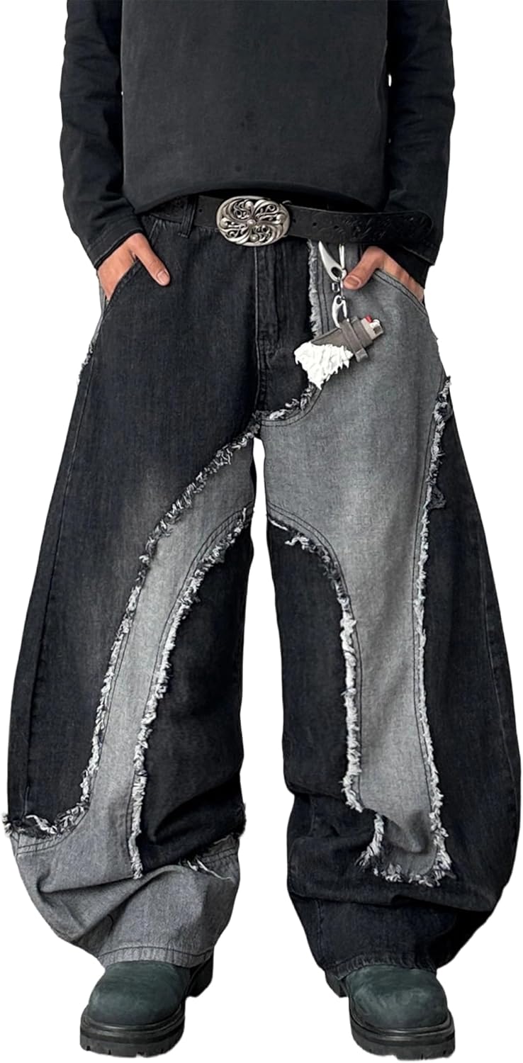 Mens Wide Leg Jeans Baggy Loose Fit Denim Pants Skater Jeans Y2k Patchwork Trousers Streetwear