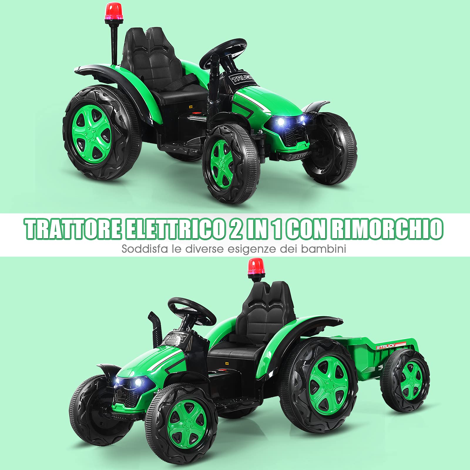 COSTWAY Trattore Elettrico per Bambini con Rimorchio, 2 in 1 Go Kart e Trattore per Bambini 3-8 Anni, con Telecomando e Cintura di Sicurezza a 2 Punti (Verde)