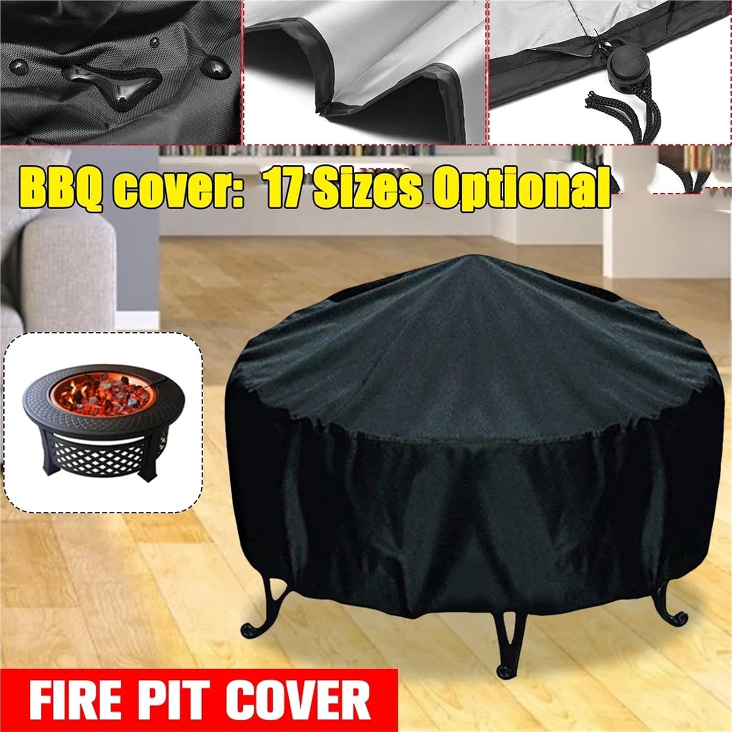 Sturdy 2pcs Waterproof Patio Fire Pit Cover Black UV Protector Grill BBQ Shelter Outdoor Garden Yard Round Canopy Furniture Covers(120x20cm)