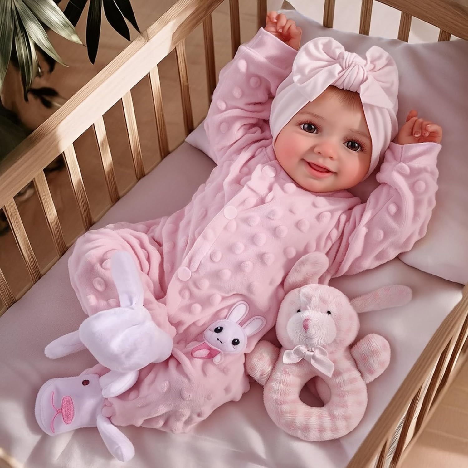 Reborn Puppe Mädchen 17 Zoll 43 cm Lebensechte BabypuppeOffene Augen mit Weichem Stoffkörper Rosa Kleidung Vinyl-Gliedmaßen Handbemalte Details, ab 3 Jahre
