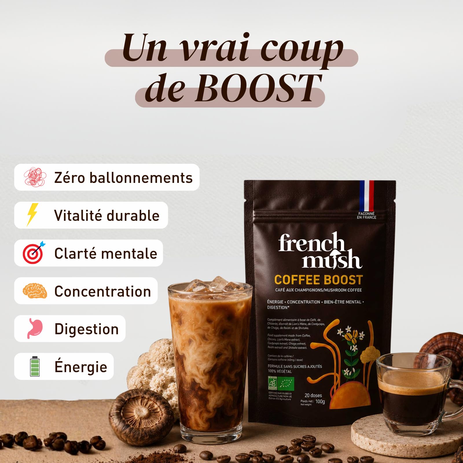 French Mush BOOST Café Arabica Bio 5 Champignons - 20 doses | Énergie & Concentration, Lion's Mane, Cordyceps, Chaga, Maïtaké, Pleurote, Sans Sucres Ajoutés, Vegan, Fabriqué en France