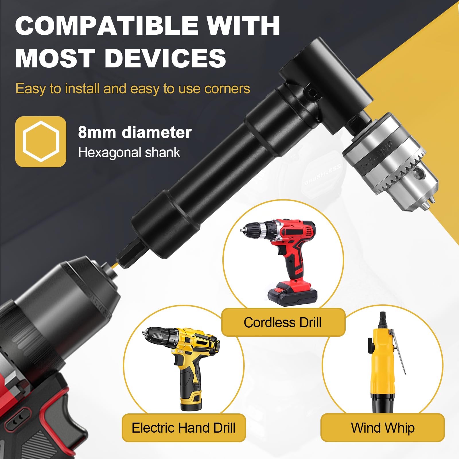 Gueenky Punta per trapano angolare a 90 gradi con mandrino a sgancio rapido, 1 – 10 mm, adattatore per trapano angolare, attacco angolare da 8 mm