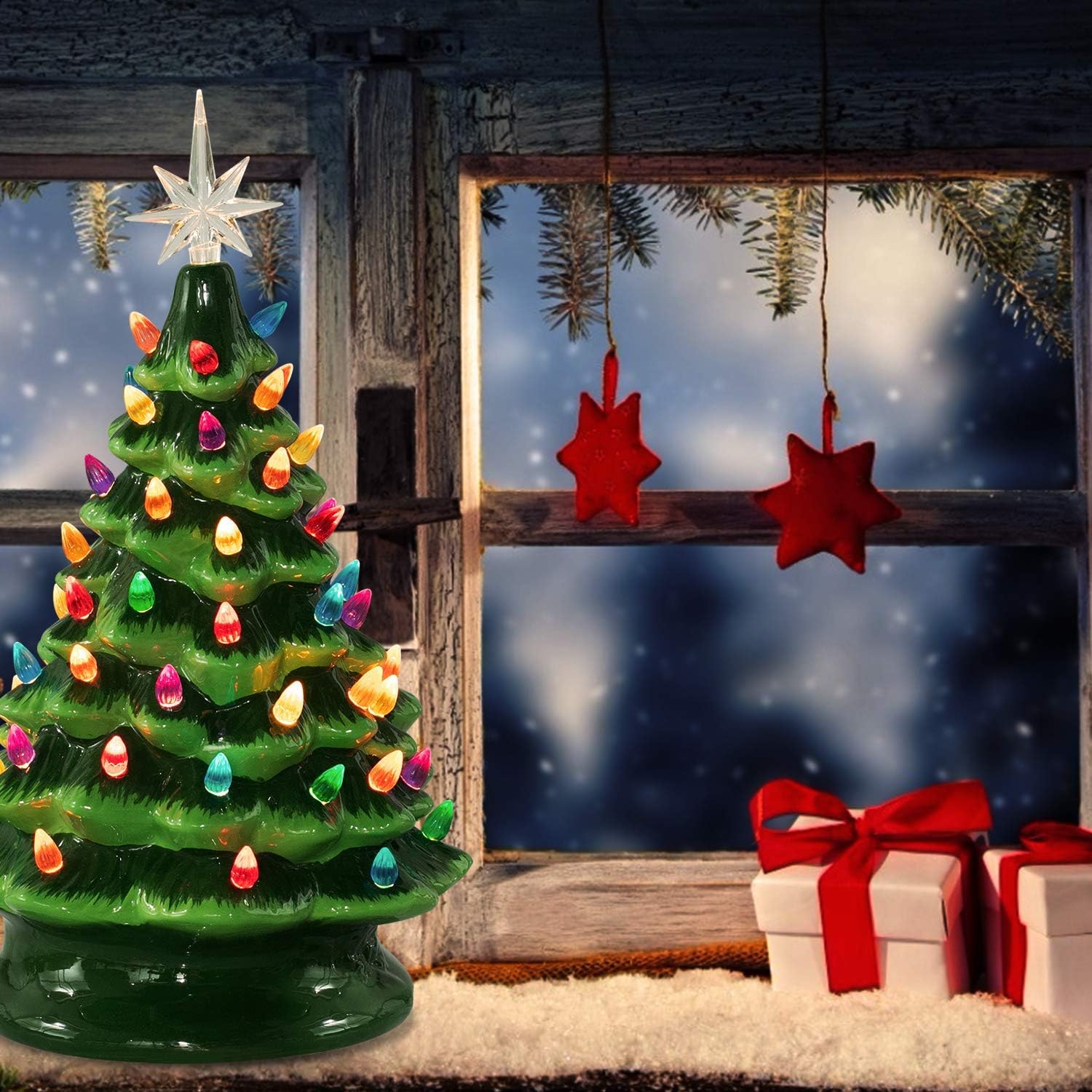 15 Inch Large Ceramic Christmas Tree Plug in Tabletop Artificial Green Christmas Decoration Tree with Multicolored Lights, Star Included