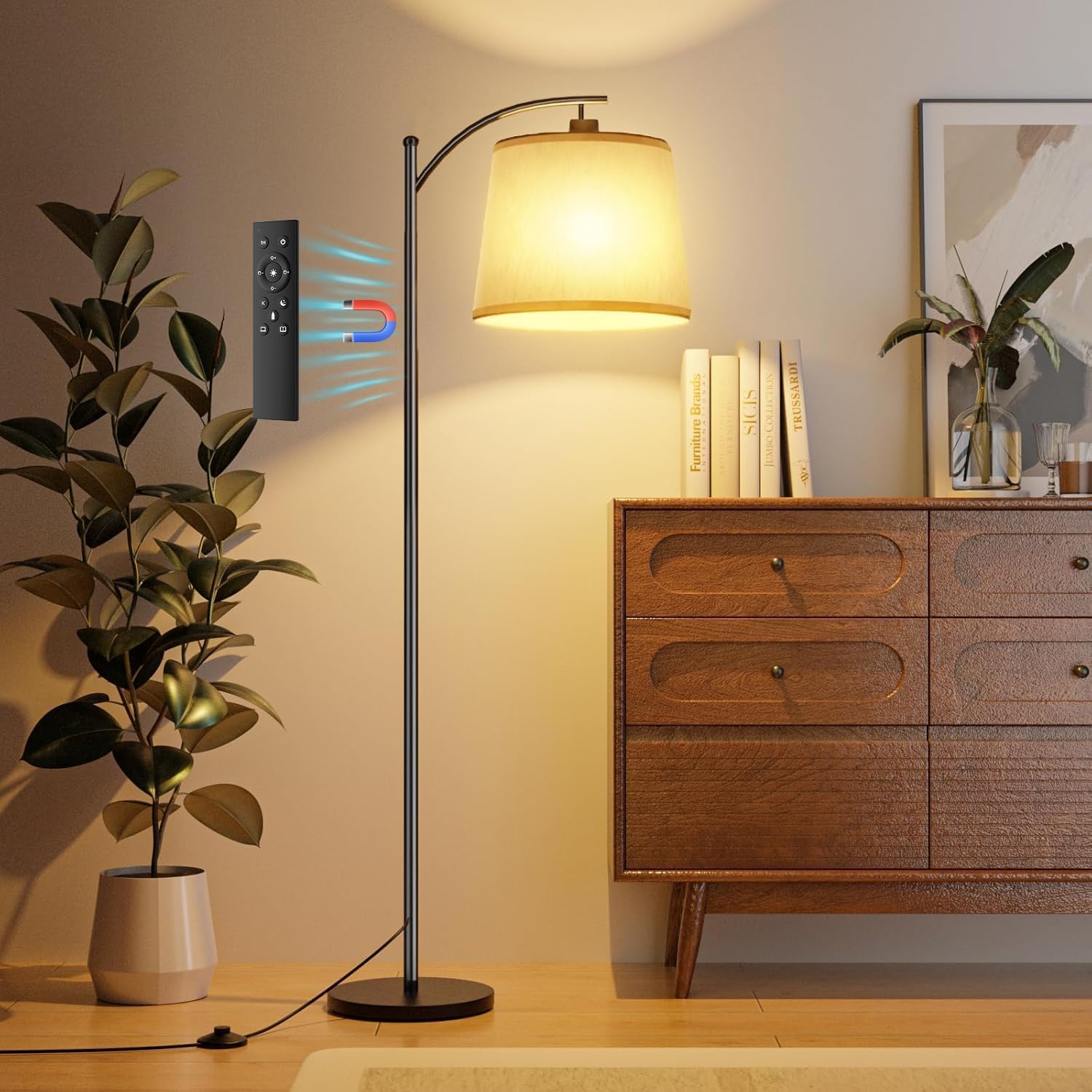 Miootly Floor Lamps for Living Room,60" Arc Tall Standing Lamp with Remote,Beige Lampshade & Foot Switch,3 Color Temperatures Dimmable LED Standard Corner Lamp for Bedroom Office Modern