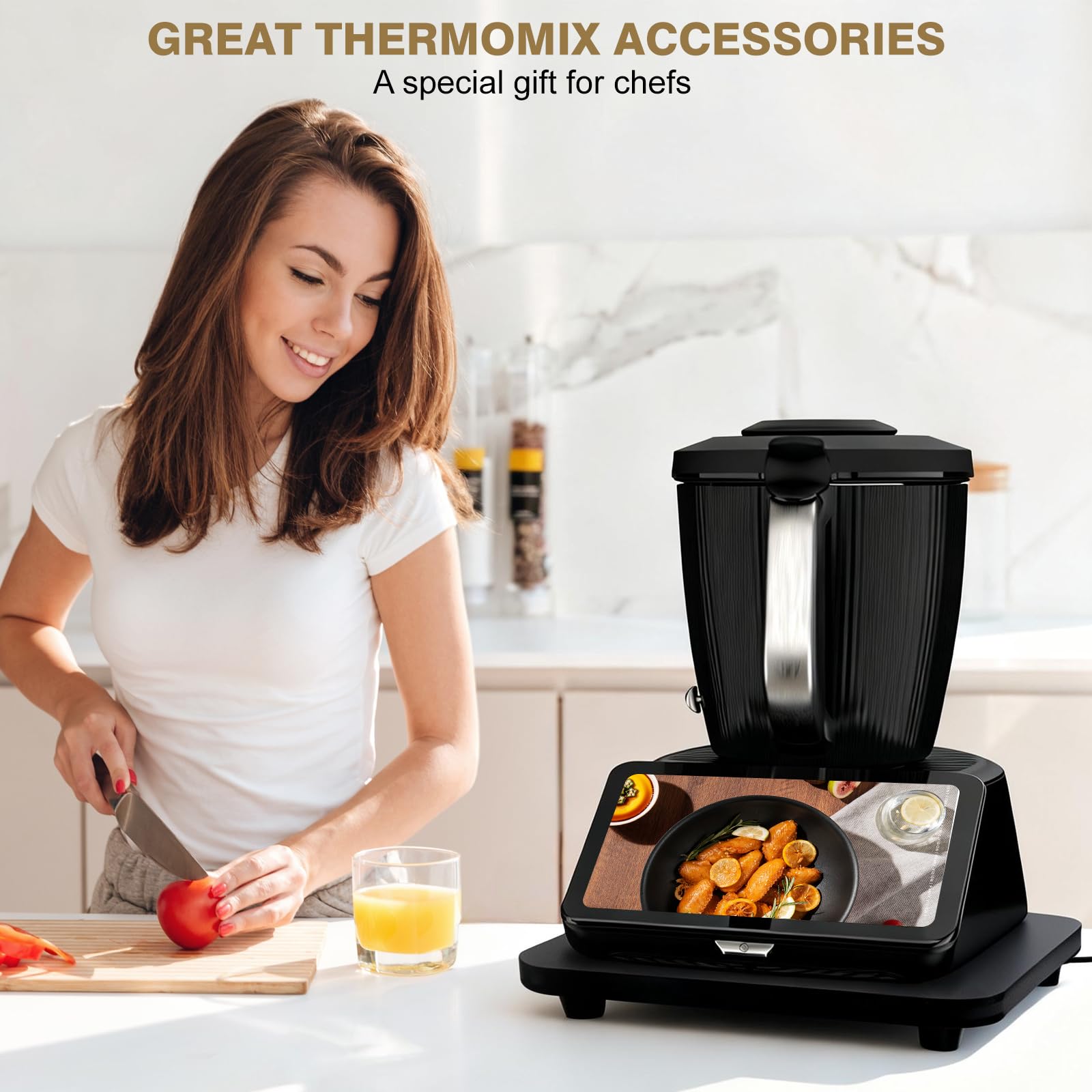 Deska ślizgowa do Thermomix TM 7, podstawka do Thermomix z rolkami, stabilna i łatwa do przenoszenia, bambusowa drewniana taca kompatybilna z Thermomix TM7