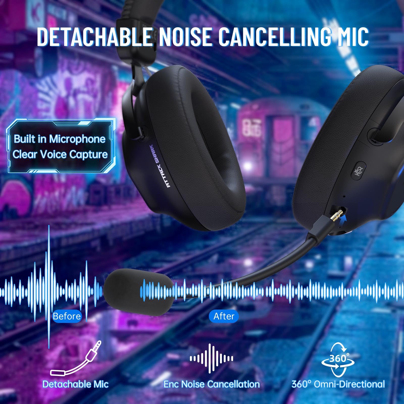 ATTACK SHARK L50PRO Auriculares Gaming Inalámbricos Sonido 7.1 Modos EQ Transductores 53mm Triple Conexión Batería 1100mAh Circumaurales con Micrófono Desmontable Anti Ruido para PC/Xbox/PS4,Negro