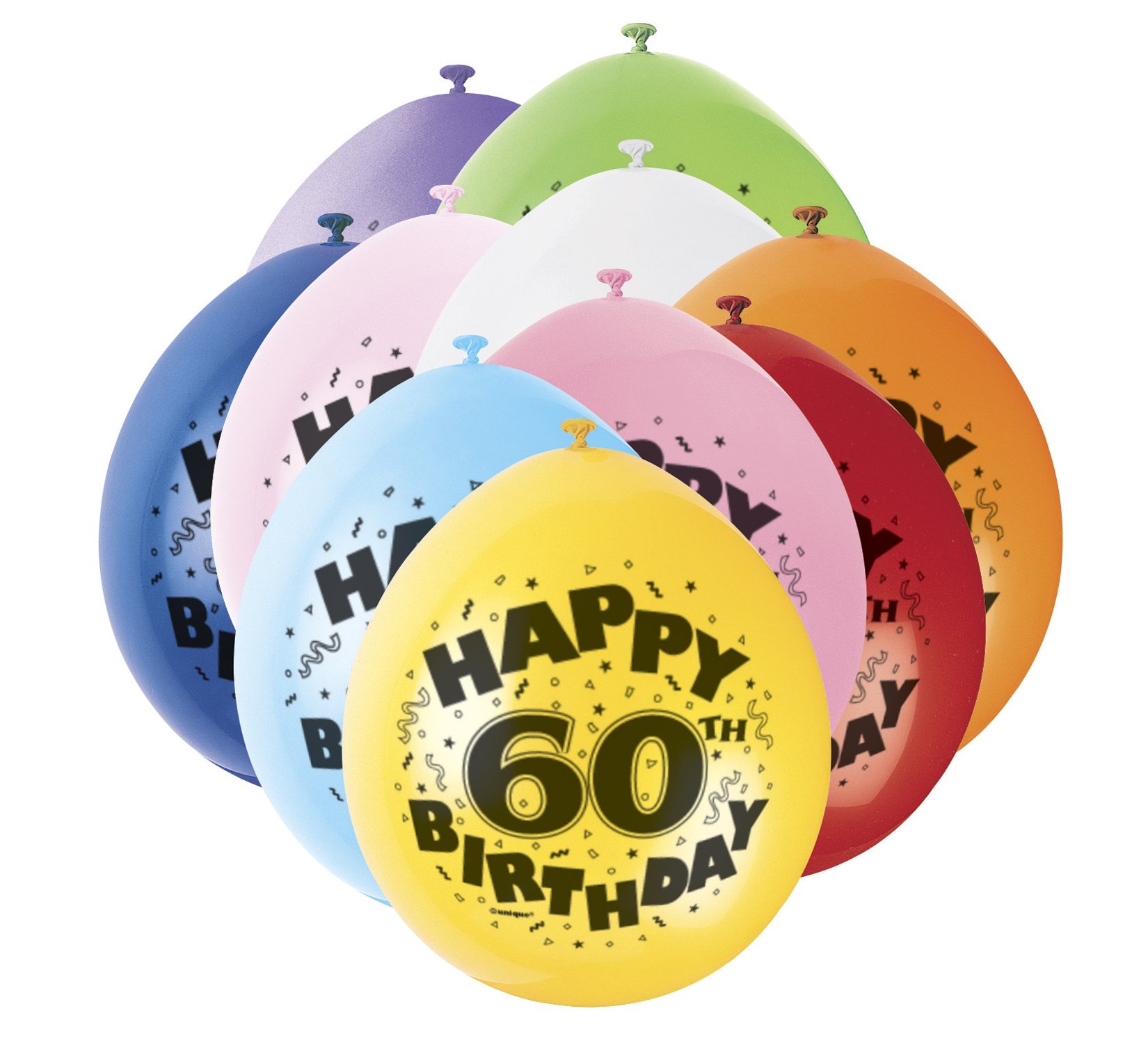 Unique Party Assorted 80315 - 9" Latex Happy 60Th Birthday Balloons, Pack Of 10