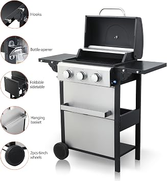 3-Burner Propane Gas BBQ Grill - Stainless Steel 30,000 BTU Patio Garden Barbecue Grill with Two Foldable Shelves