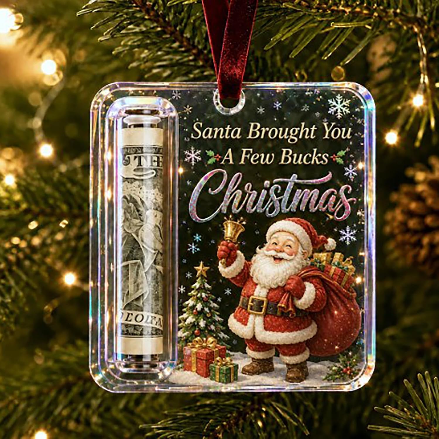 Christmas Cash & Treat Holder Ornament, 3.94" Personalized Cash Gift Holder Hanging Ornaments, Acrylic Christmas Money Holder Ornaments for Gifting Cash, Funny Ways to Gift Money for Xmas Tree (2PCS) image 4