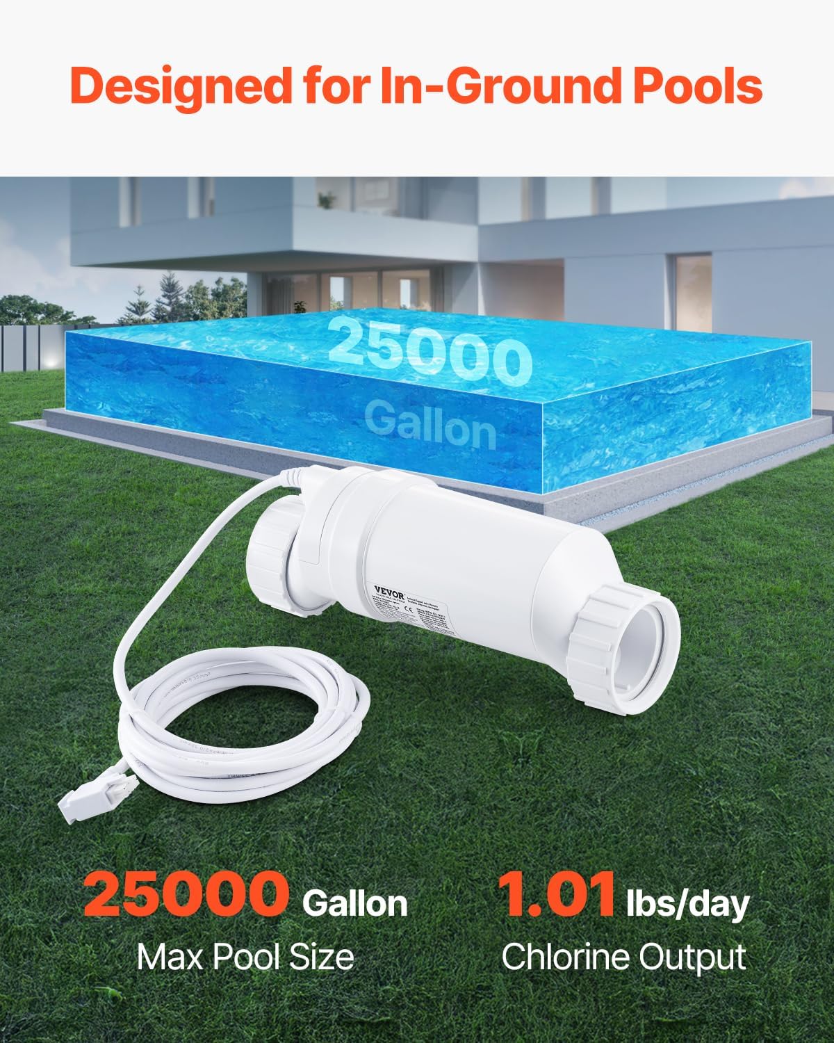 VEVOR Salt Water Chlorinator System designed for in-ground pools up to 25,000 gallons, showing the unit with its power cord on a lawn next to a pool.
