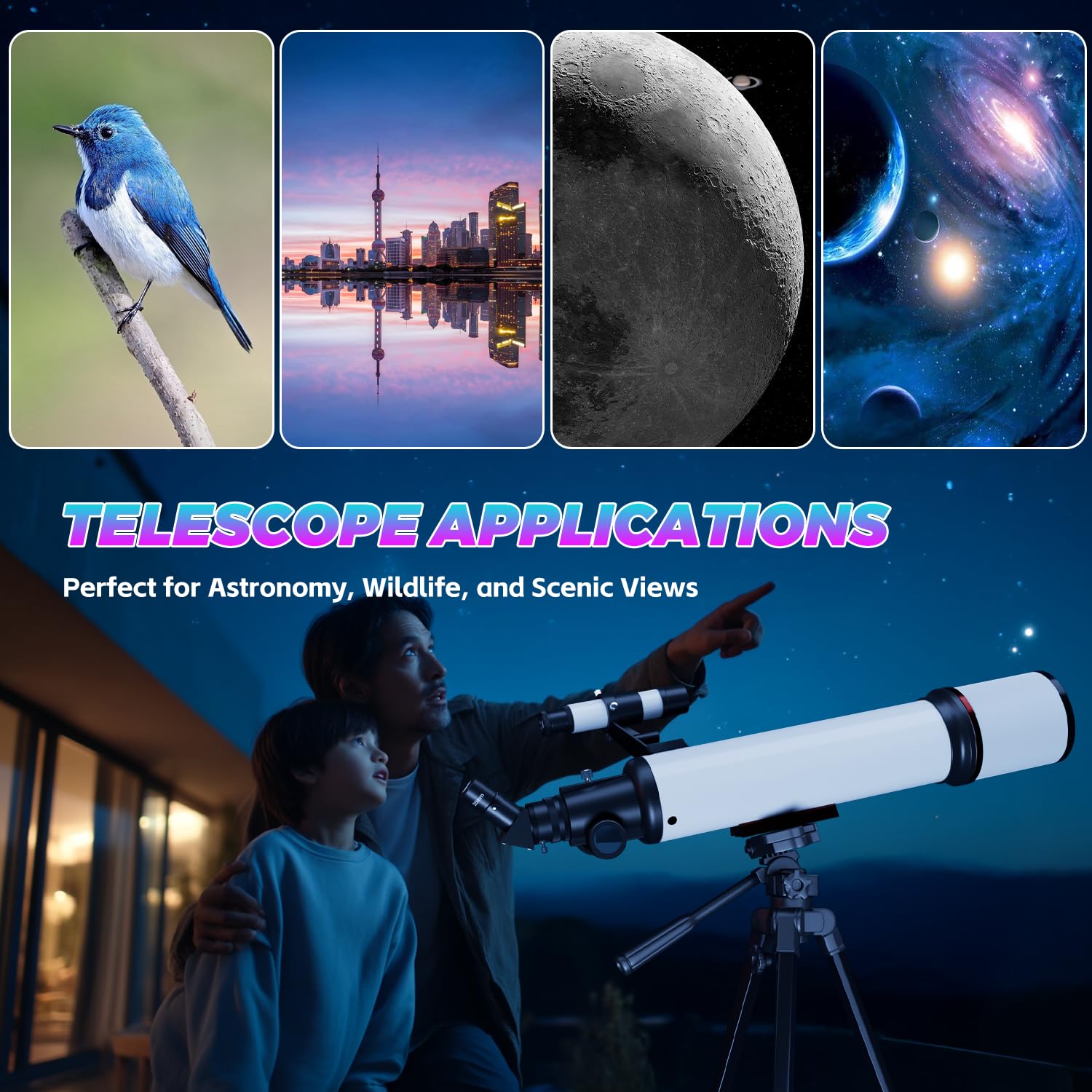 Coolifepro Teleskop, Teleskop Astronomie für Kinder & Anfänger, 90mm Aperture, 700mm Refraktive Teleskope Erwachsene, Tragbares Astronomisches Refraktor Teleskop mit Stativ, Telefon Adapter, Rucksack