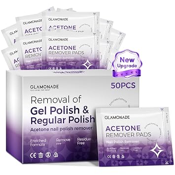 Glamonade Nail Polish Remover Pads Acetone Gel Nail Polish Remover Wipes 50 PCS Professional Individually Wrapped Wet Wipes Rapidly Remove Gel/Fingernail Polish Travel Kit for Home & Salon Supplies