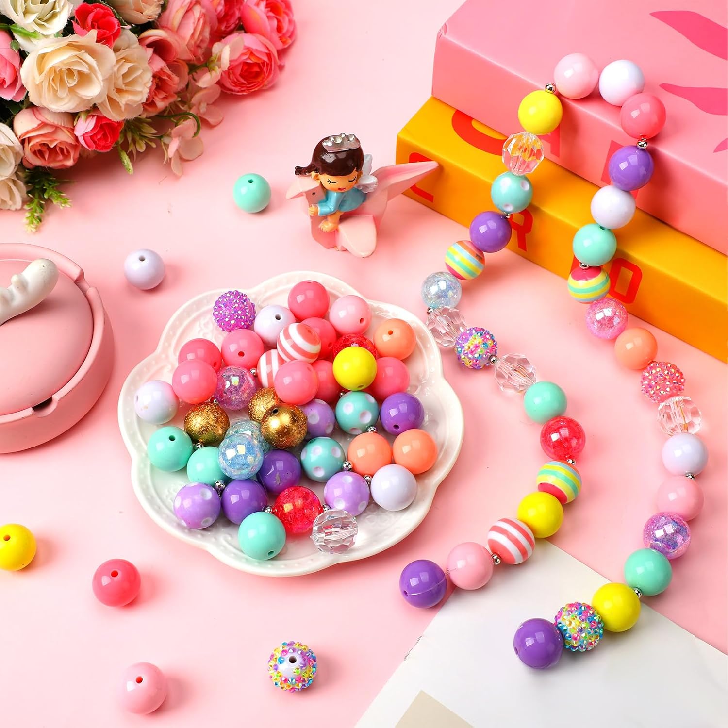 Sasylvia 100 Pcs 20 mm Rhinestone Beads Shine Disco Ball Bubblegum Plastic Chunky Loose Round Spacer Beads for Jewelry Making DIY Craft Pen Bracelet Supplies(Macaron Color,Modern Style) - Image 4