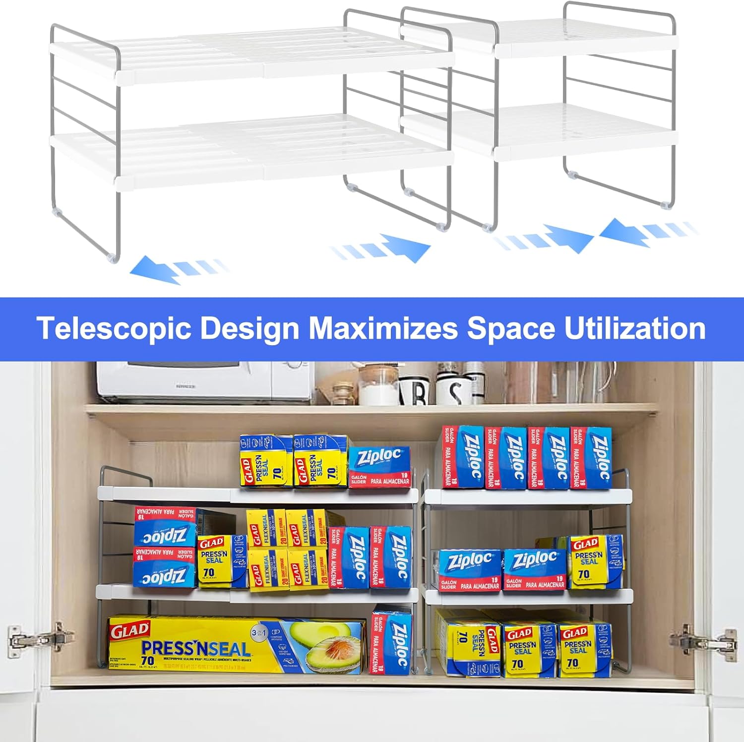 Pantry Organizers and Storage,3 Tiers Expandable Foil and Plastic Wrap Organizer, Adjustable Kitchen Cabinet Shelf Organizer, Shelves Storage Rack for Cabinet Countertop (9.8" To 15.6"L) 2PCS - Image 4