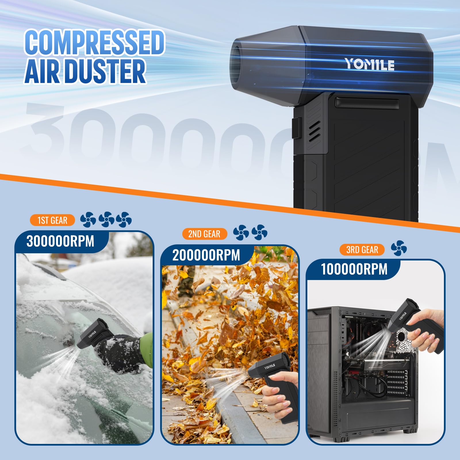 Electric air Duster - 300000RPM Brushless 3 Speeds Turbo Fan JetFan, 10500mAh Battery Compressed Air Duster Cordless Dust Blower Air Blower for Computer Keyboard,Outdoors,Car,Home