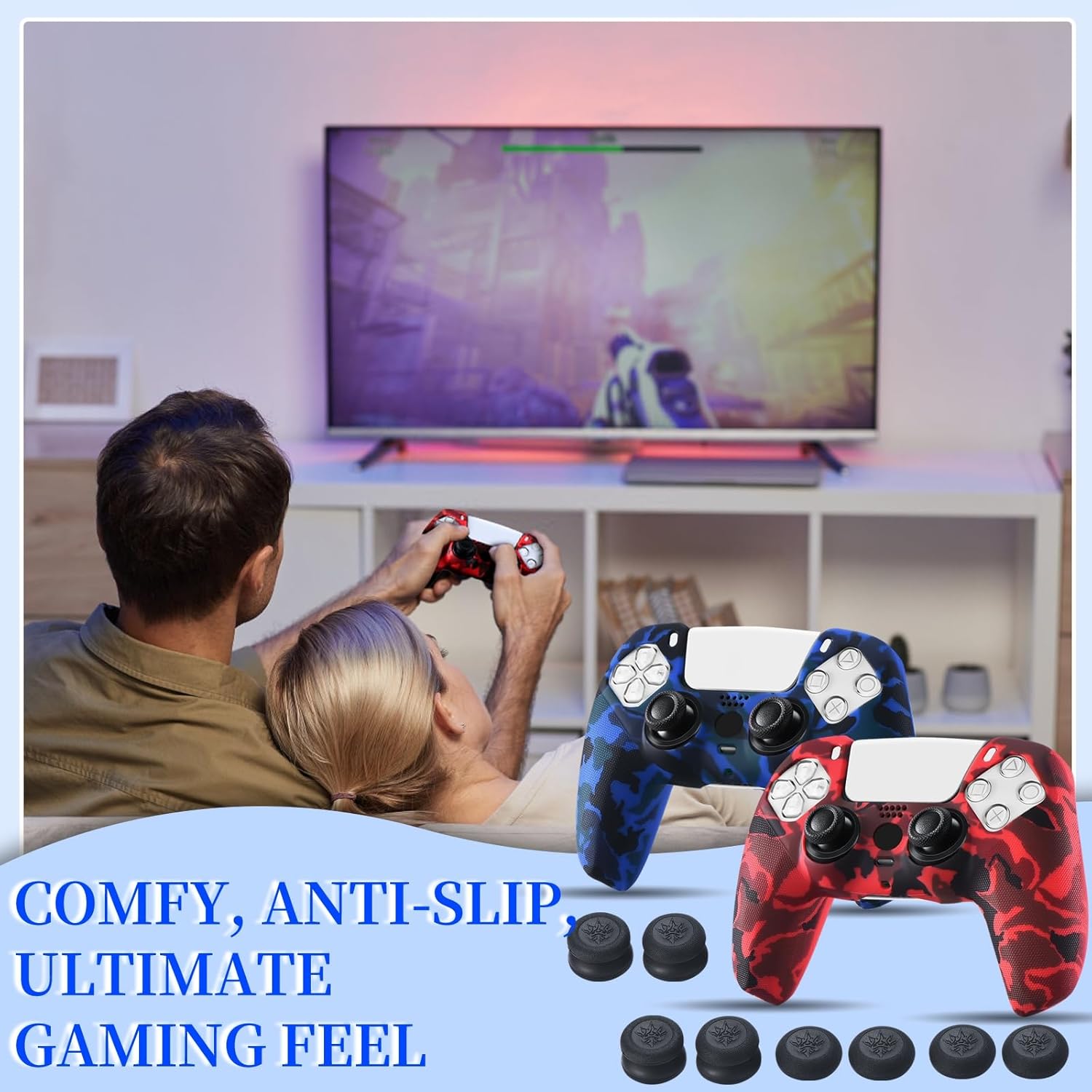 YoRHa Studded Printing Silicone Rubber Customizing Skin Cover for PS5 Dualsense Controller x 2(Red+Blue) with Pro Thumb Grips x 10 9 71knOL7tDRL. AC SL1500