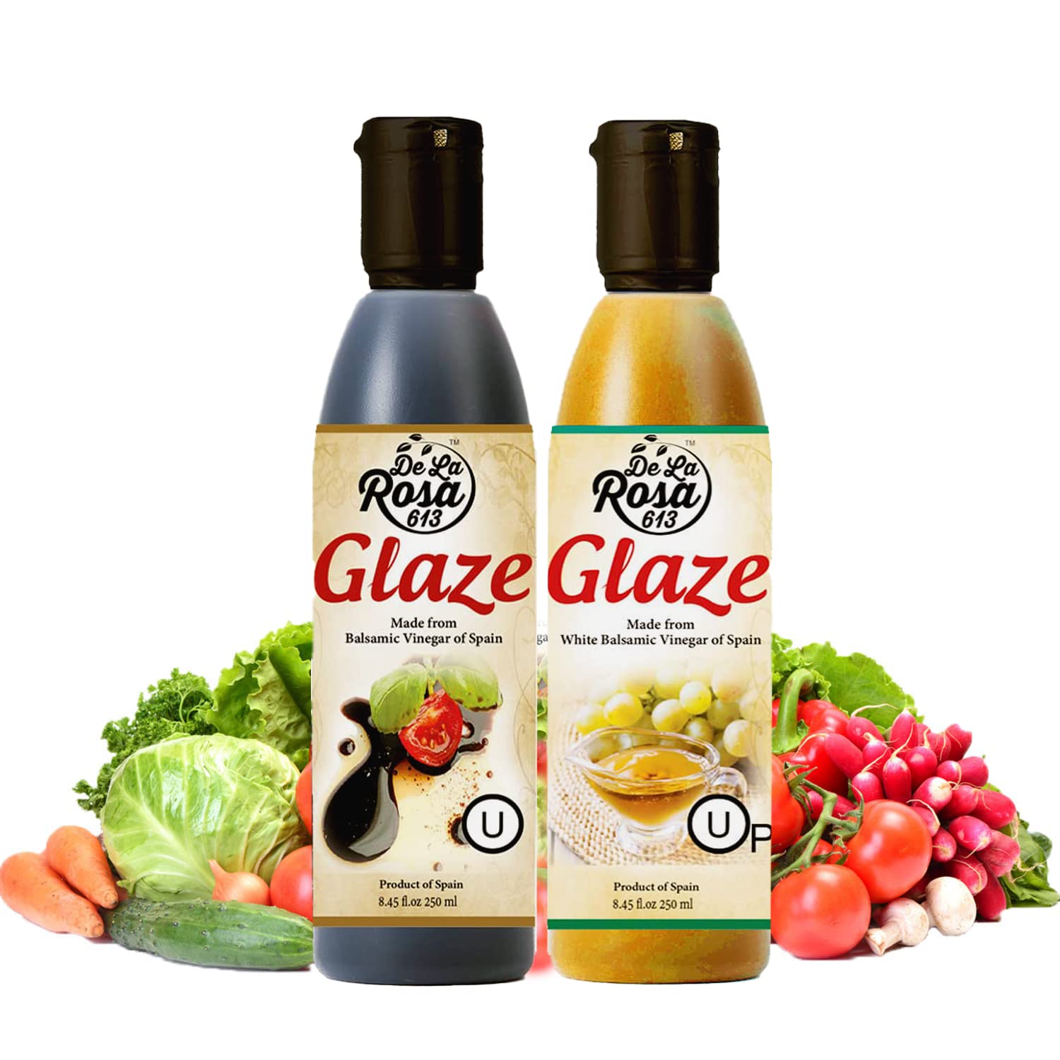 De La Rosa Dark & White Balsamic Glaze, Vegan, Kosher for Passover & Gluten Free, Great for Salad Dressings, Marinades & More, Made from balsamic Vinegar of Spain, 8.45 Oz (combo)