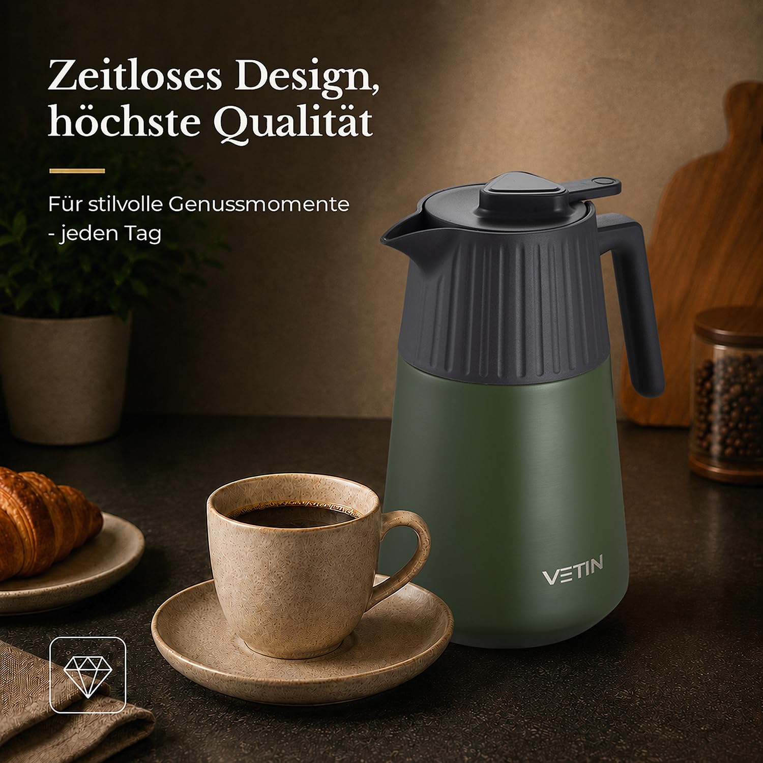 VETIN Termo de acero inoxidable 316, 1,5 l, jarra térmica | A prueba de fugas, 12 h caliente y 24 h frío, para té, café y bebidas frías