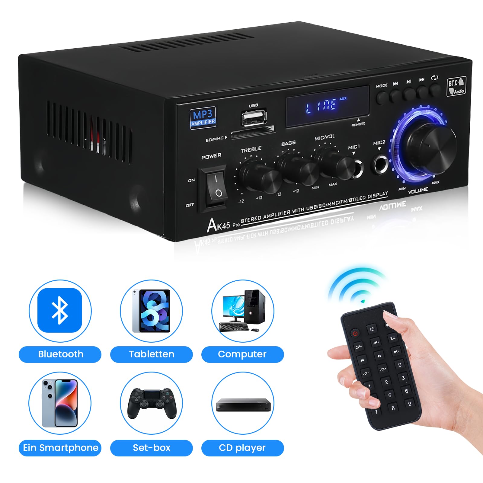 AK45 Amplificatore HiFi Mini Stereo Bluetooth 2.0 Canali 40W X 2 12V/240V Telecomando