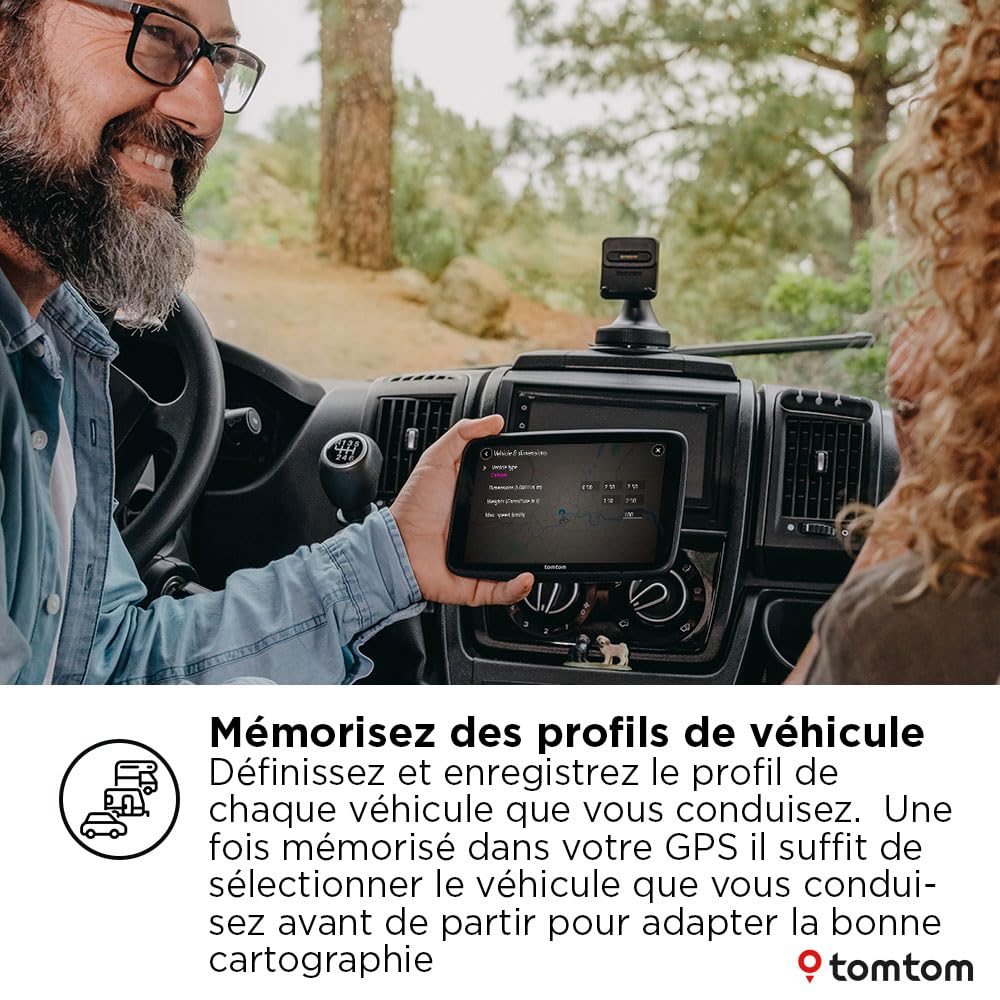 TomTom GPS GO Camper Max 2ème gnt. pour Camping-Car et caravanes, écran 7" avec Poi dédiés, MàJ Via Wi-FI,TomTom Traffic, Alertes des Zones de Danger, Cartes Monde, ZFE, mémorisation des profils