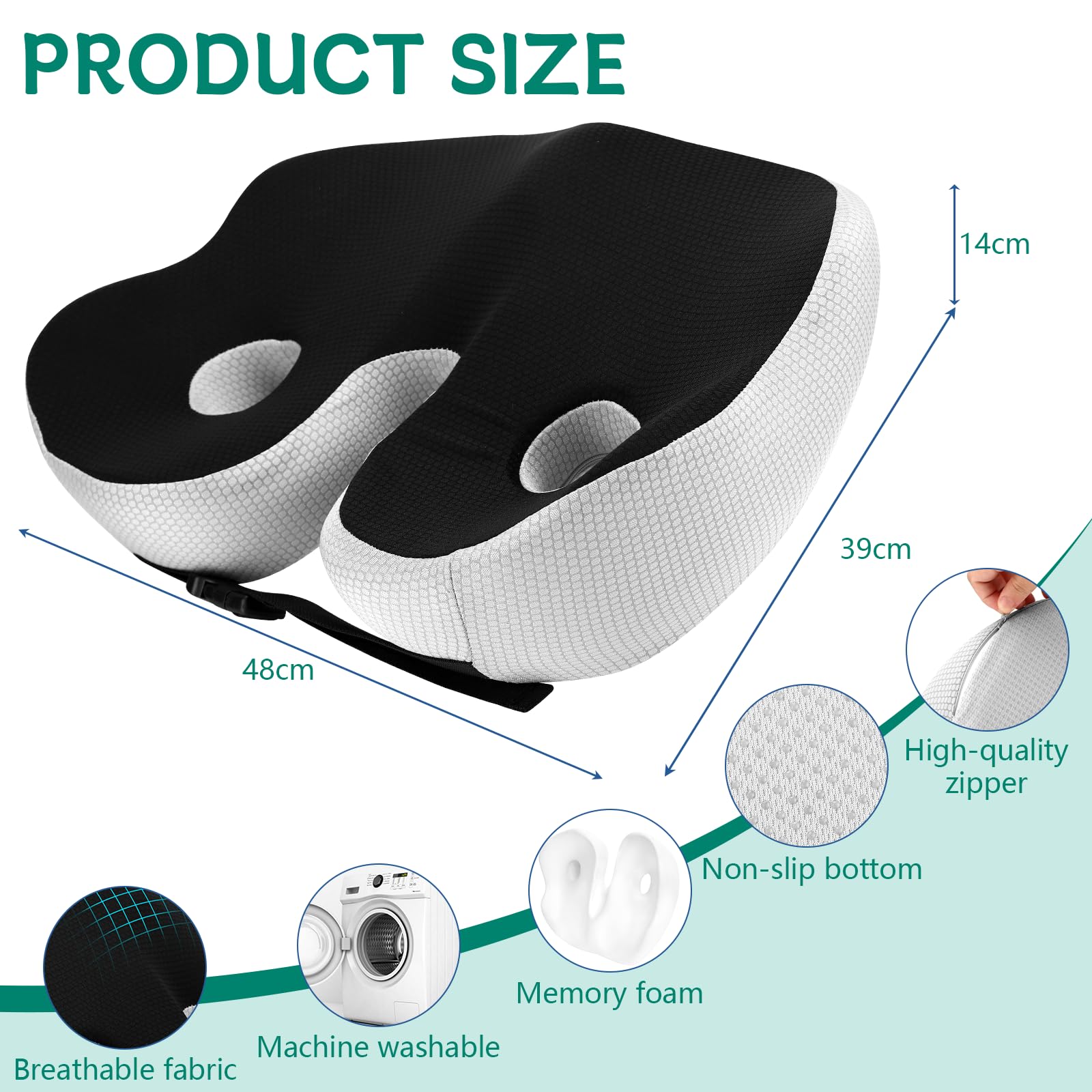 Orthopaedic Seat Cushion, Memory Foam Coccyx, ergonomiczna poduszka biurowa, regulowana szerokość siedziska, poduszka łagodząca bóle bioder i kości ogonowej, do biura, domu, samochodu (czarna)