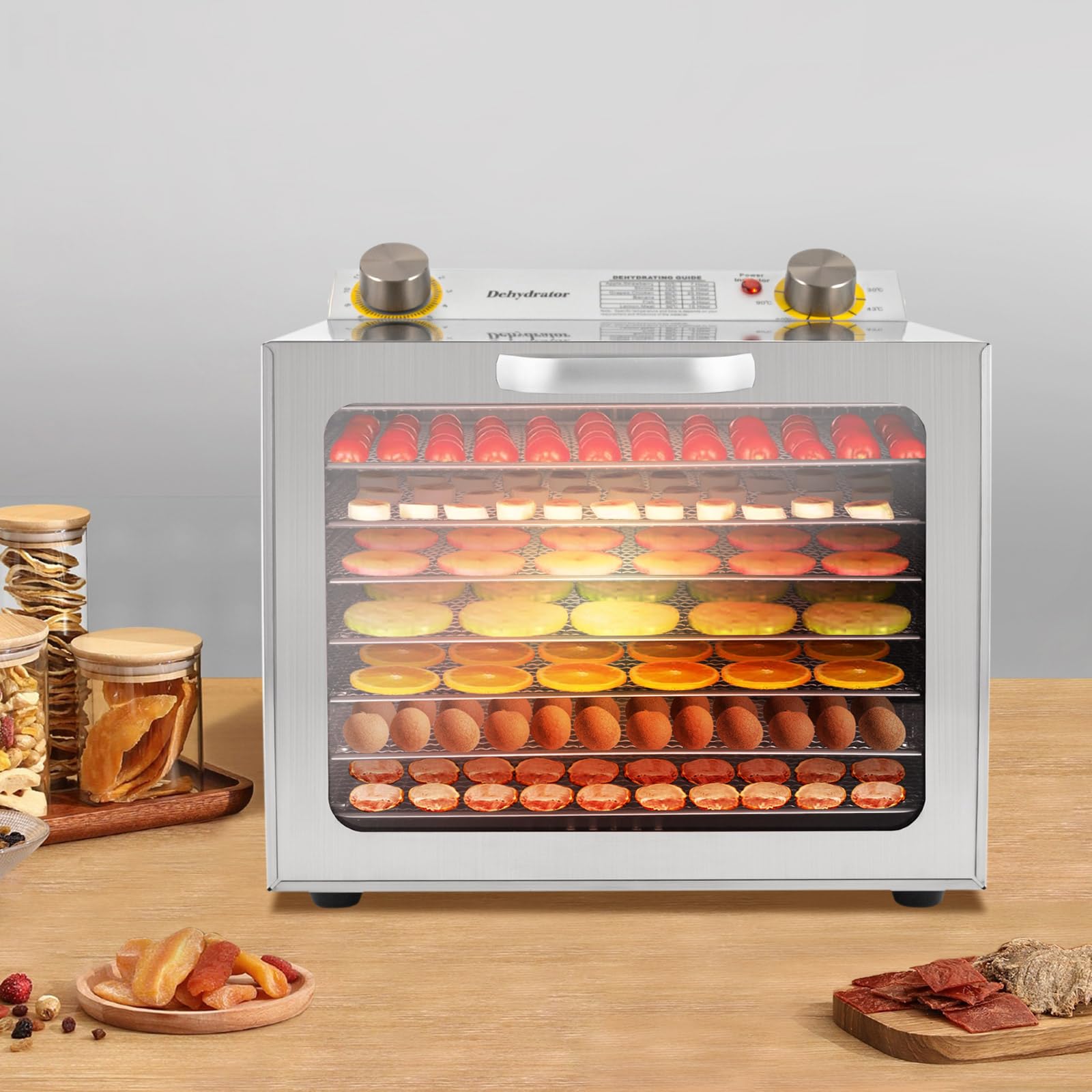 Suszarka ze stali nierdzewnej 400 W, urządzenie do suszenia z regulatorem temperatury 30-90℃ i regulatorem czasu 0-12 h, suszarka do warzyw, owoców, mięsa, kwiatów (8 poziomów)