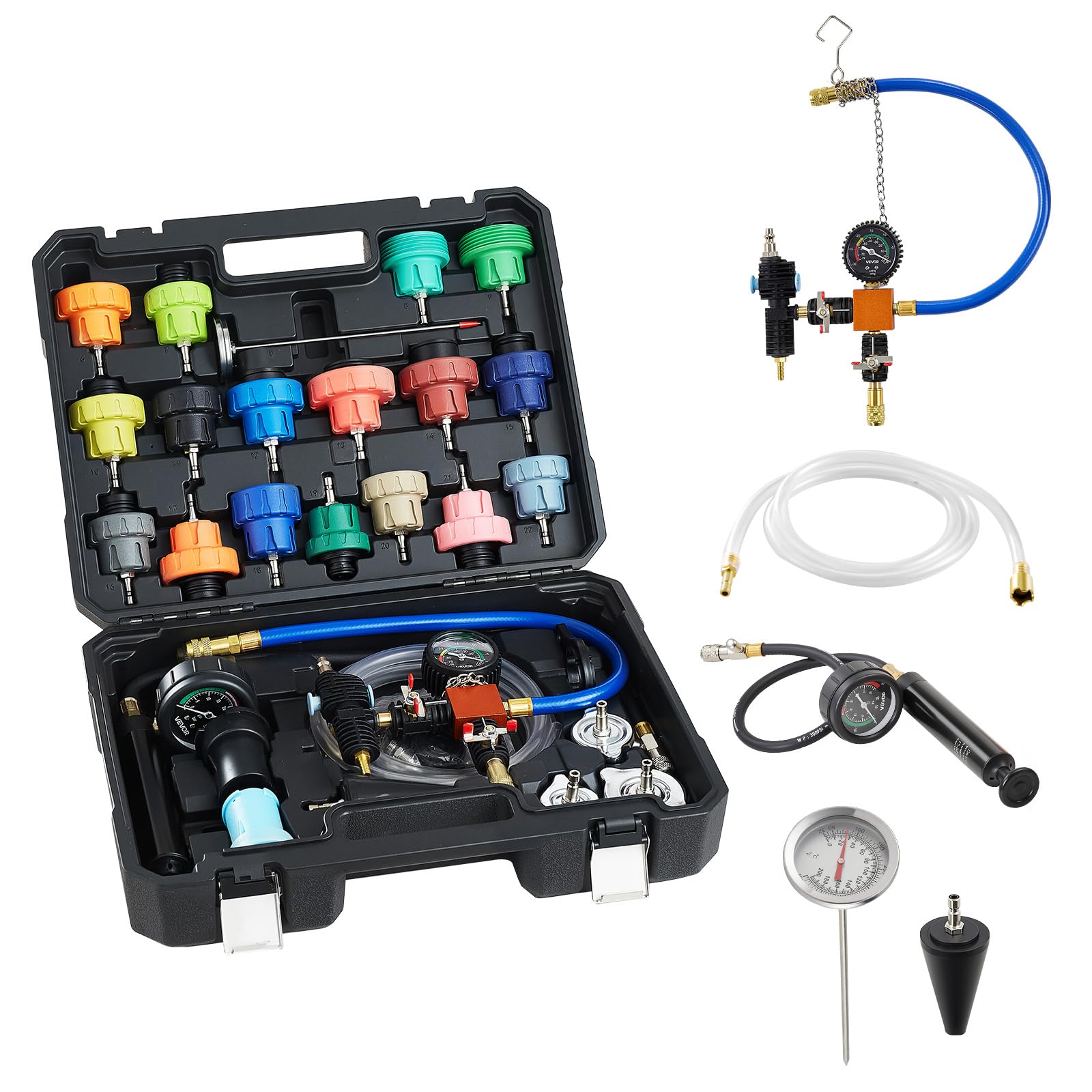 VEVOR Juego de 47 Manómetros de Refrigerante con 3 Adaptadores Metálicos, Ajuste Universal, para Sistemas de Refrigeración de Automóviles, con Bomba de Presión y Llenador de Aluminio y Plástico