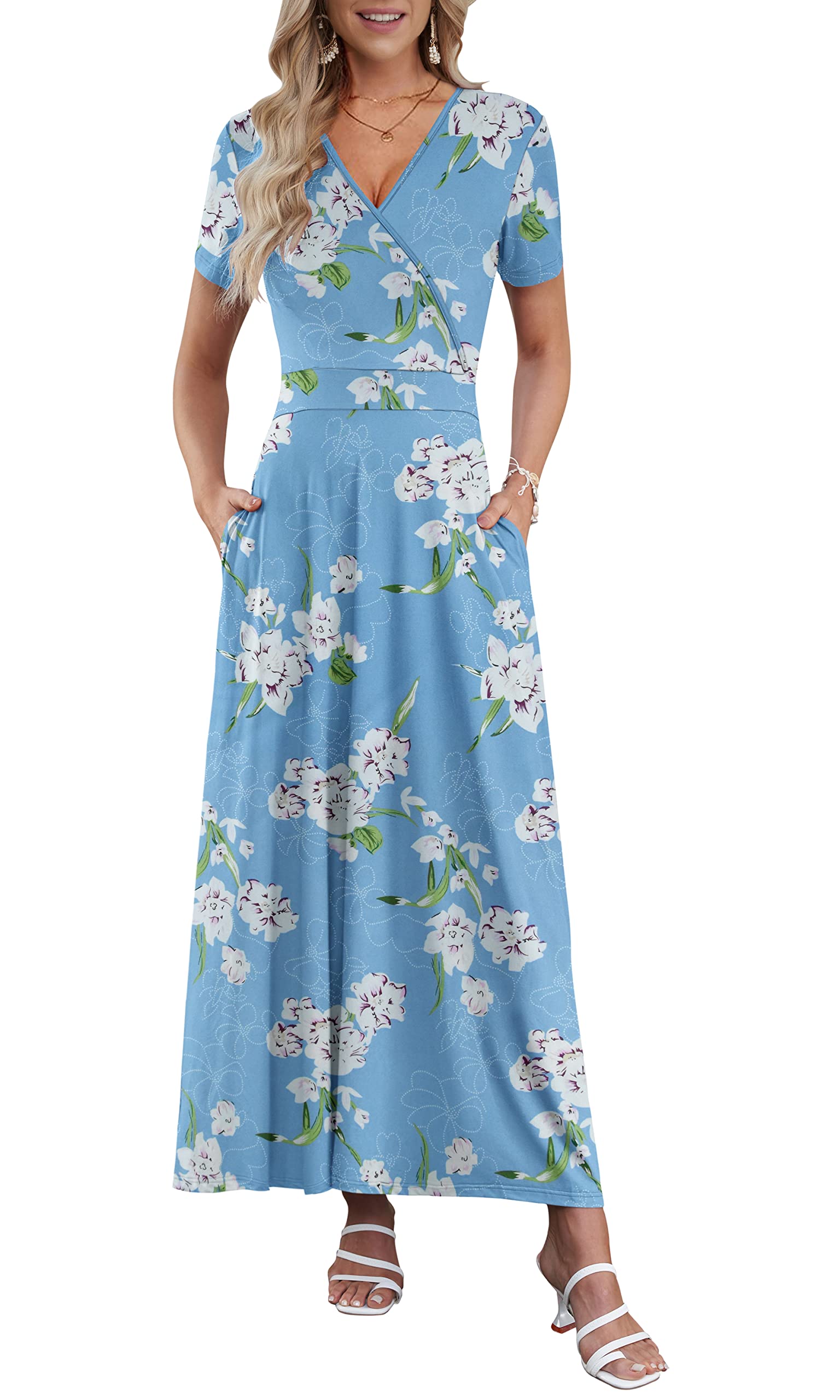 AUSELILY Maxi Dresses for Women Ankle Length Floral Print Beach Long Flowy  Dress with Pockets