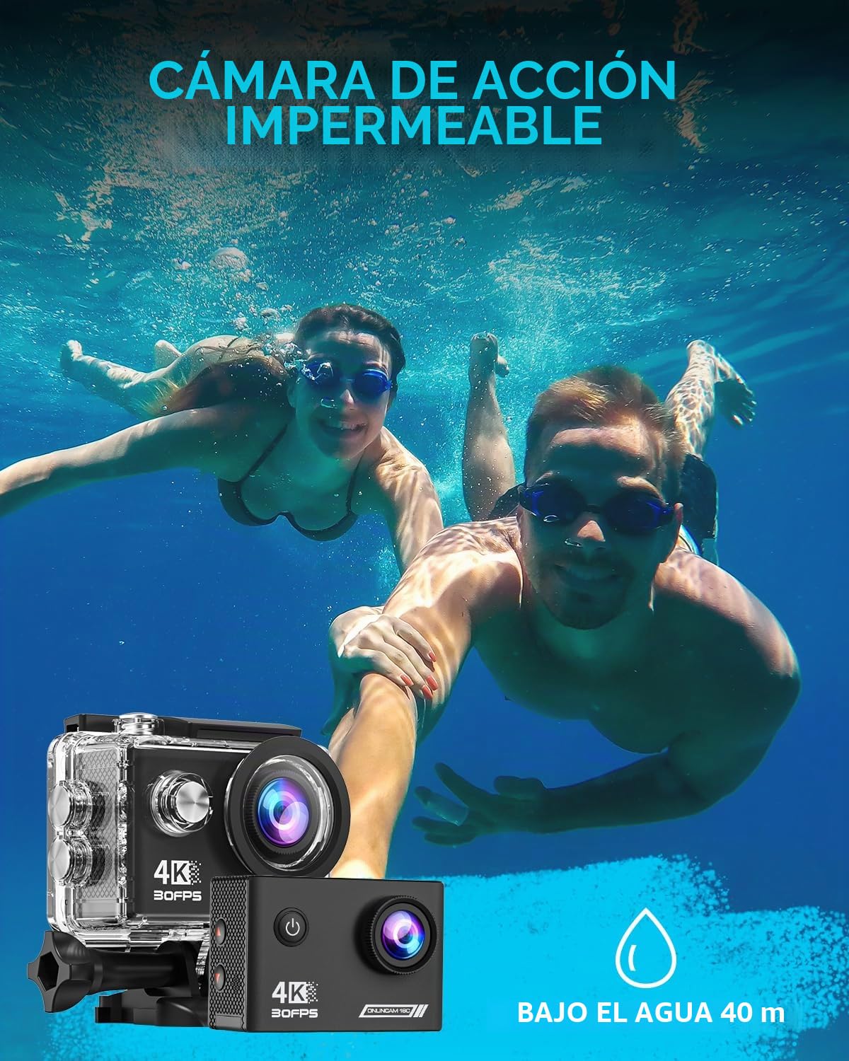 Cámara Deportiva 4k 30fps con Tarjeta SD 64G, 131ft Cámara Acuatica Cámaras Video 20MP Pre-grabación WiFi Cámara 170° Control Remoto Cámaras Accion con 2 Baterías Soporte para Casco Kits de Accesorios