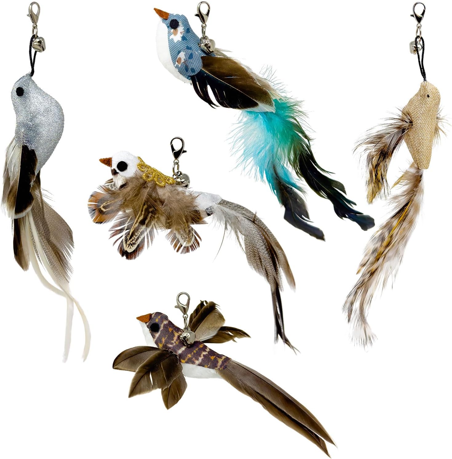 Whiskertons Interactive Bird Simulation Cat Toy Set, Interactive Cat Toys for Indoor Cats, Cat Feather Toy, Self-Holding Suction Base, 5 Replacement Birds, Feathers & Bells (5 Replacement Birds)