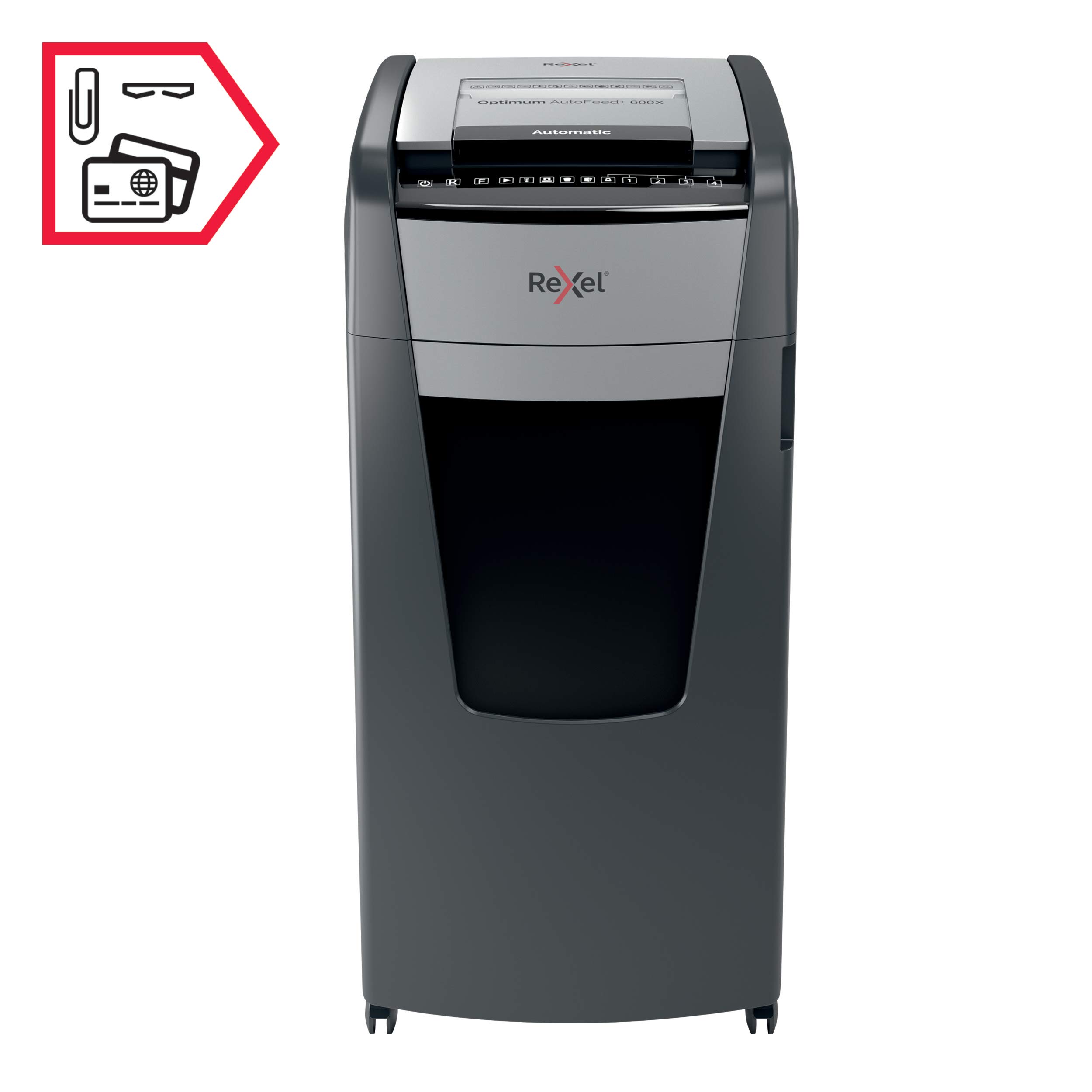 REXEL Optimum Auto Feed+ 600X, Distruggidocumenti Automatico, 600-660 Fogli (80-70 gr/mq), Taglio a Frammento, Livello di Sicurezza P-4, per i Grandi Uffici, Capacità 110 Litri, con Ruote, 2020600XEU