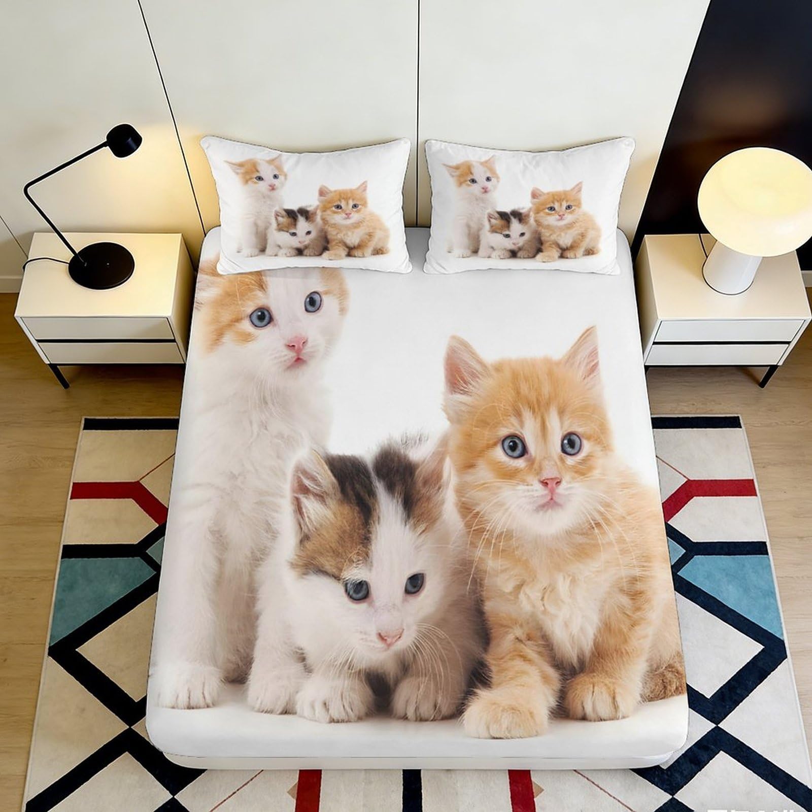 3D Printed Cute Kitten Fitted Sheet Microfiber Soft Breathable Cat Trio Mattress Cover for Bedroom Dorm Youth Bed Decor 90x200x25cm
