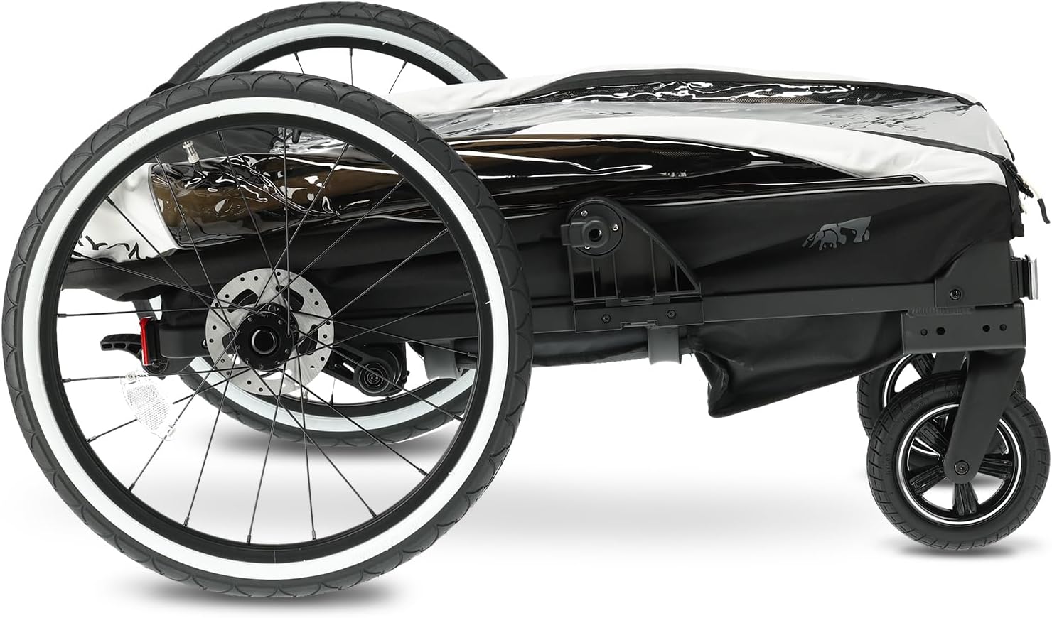 Deryan Deluxe 3-in-1 Bicycle Trailer folded compactly for storage, with wheels removed.