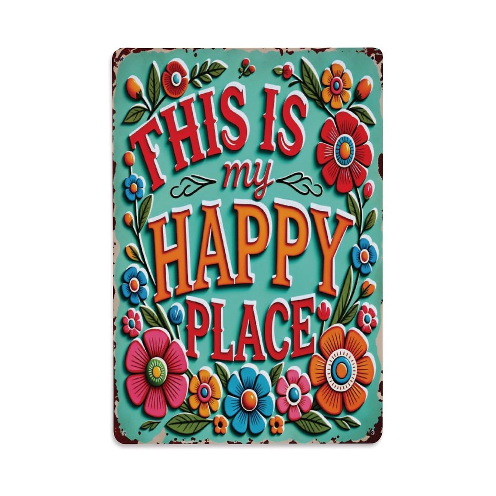 Colorful Floral This Is My Happy Place Decor Sign Vintage Aluminium Metal Sign, Retro Wall Decor for Home, Bar, Garage & Farmhouse 30x20cm