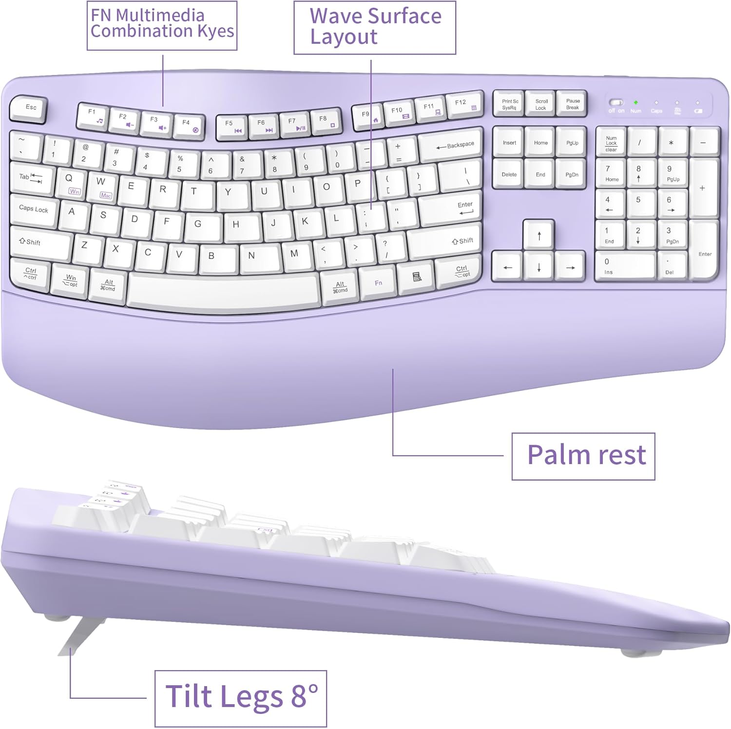Ergonomic Wireless Keyboard and Mouse Combo, Wave Keys Keyboard with Wrist Rest for Natural Typing, 3 DPI Adjustable Ergonomic Silent Mouse for Computer/Laptop/Windows/Mac (Purple)