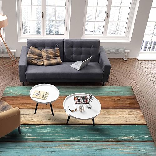 Miniatura 5 de Alfombras de grano de madera marrón turquesa para interiores, antideslizantes, lavables, 2 x 3 pies, diseño retro a rayas, parte trasera de goma,