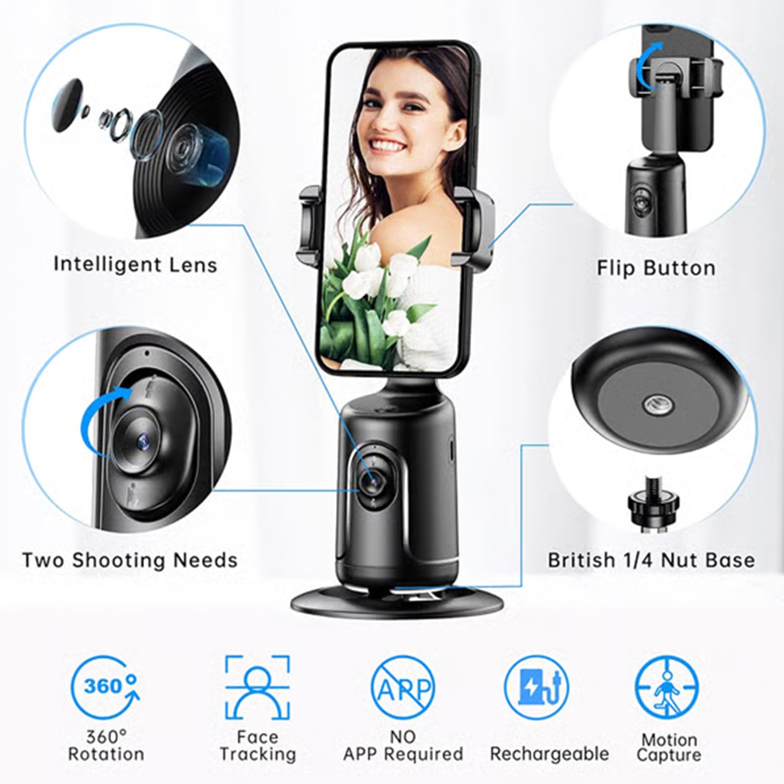 Smart AI Facial Recognition Phone Tripod, Auto Face Tracking & 360° Rotating Tripods Selfie Stick, Smart Tracking Gimbal Tripod with Remote for Video Recording Vlogging Selfie (Black)