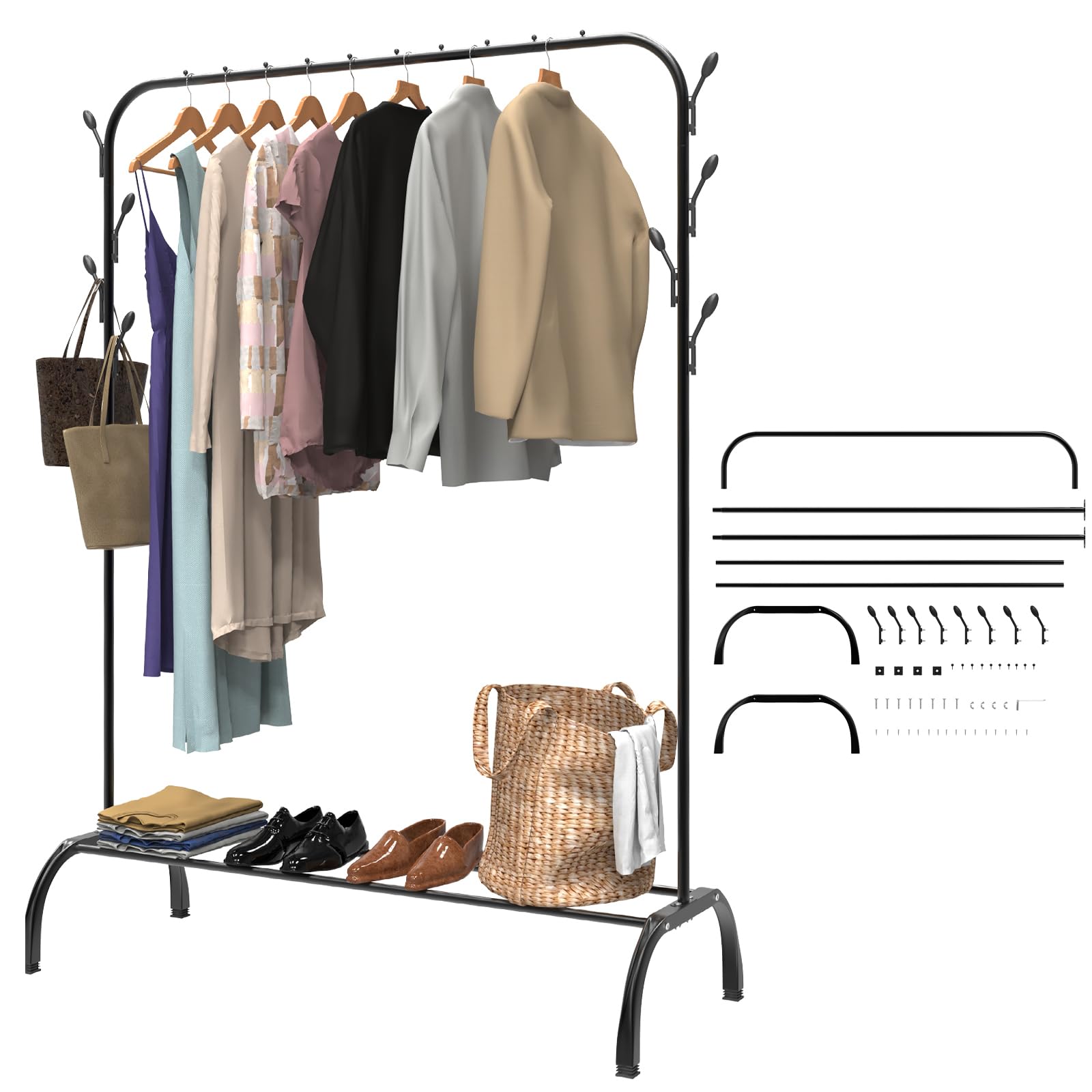 Heavy Duty Clothes Rail, 150cm Height Portable Clothes Rack with Hooks, Bottom Rack, Steel Metal Freestanding Hanging Rail Storage Shelf for Bedroom, Holds up to 42 kg, Black