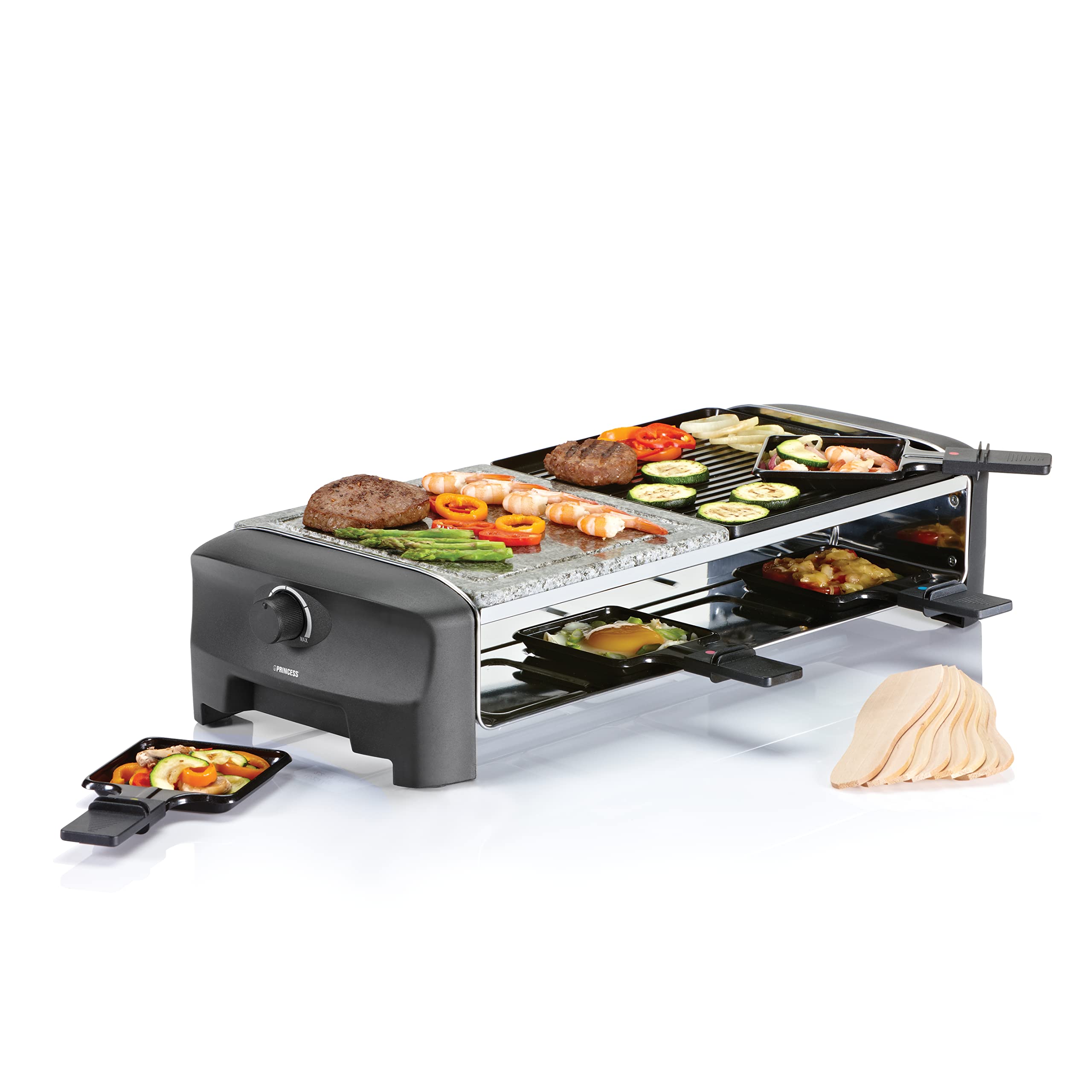 Princess Raclette Grill/Steingrill für bis zu 8 Personen – mit 8 Pfännchen und regelbarem Thermostat, 162820 01.162820.01.001, schwarz
