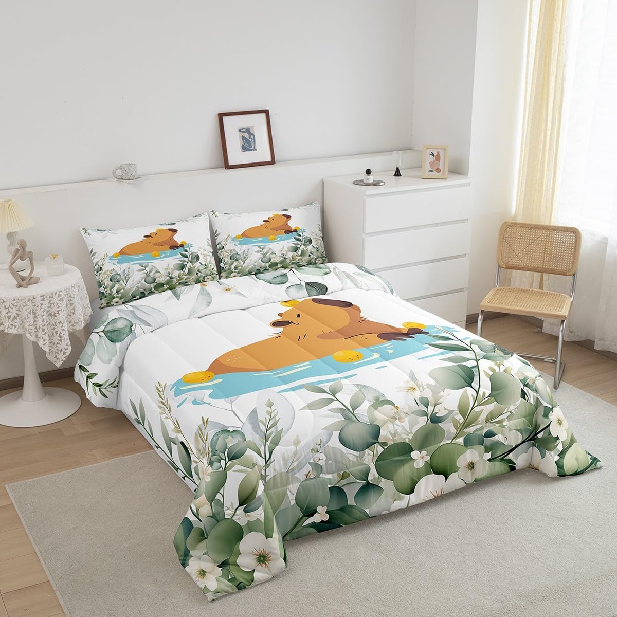 Erosebridal Kawaii Capybara Queen Bedding Sets for Boys Girls Cartoon Animal Comforter Set, Eucalyptus Leaves Down Comforter Cute Wildlife Bedding Comforter Sets, Tropical Plants Duvet Insert