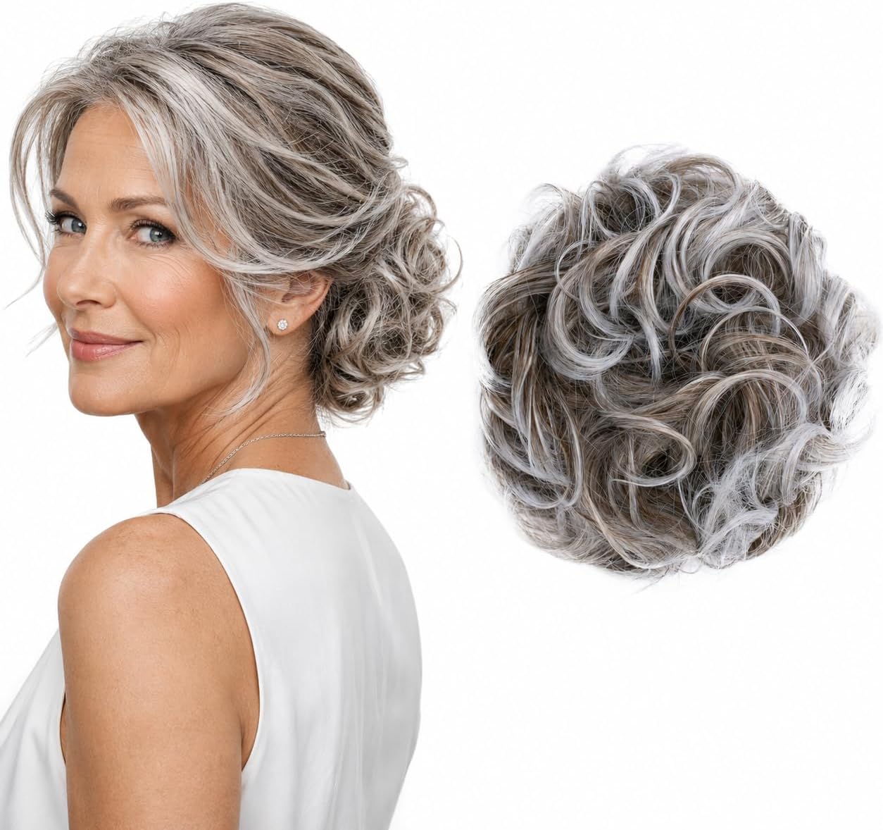 CAISHA Big Hairpiece Scrunchy Updo Bridal Hairstyle curly Messy Bun Light Brown Gray Mix G24E