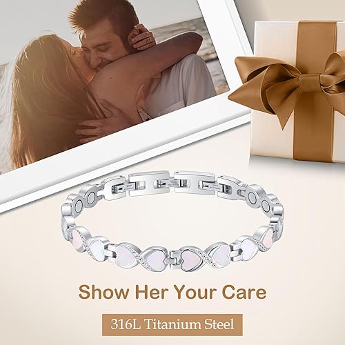 Miniatura 8 de Feraco 2 pulseras de cobre y pulseras magnéticas para mujer con 3500 imanes de terapia Gauss, pulsera magnética de acero de titanio con fritillaria