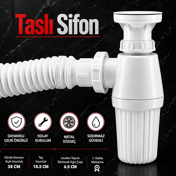 Badem10 Siphon Bellows Detachable Stone Cleanable Kitchen Bathroom Sink Stone Drain Pipe Plastic 38 cm