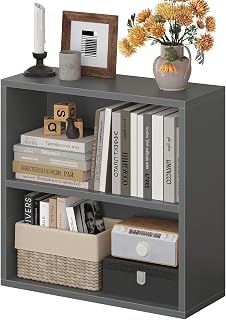 2 Shelf Bookcase,Small Bookshelf with Open Shelves, 23.62 x 23.74 x 9.45 in | Wood Shelves for Small Spaces, Short Bookshelf for Living Room, Bedroom, Home Office, Dark Grey