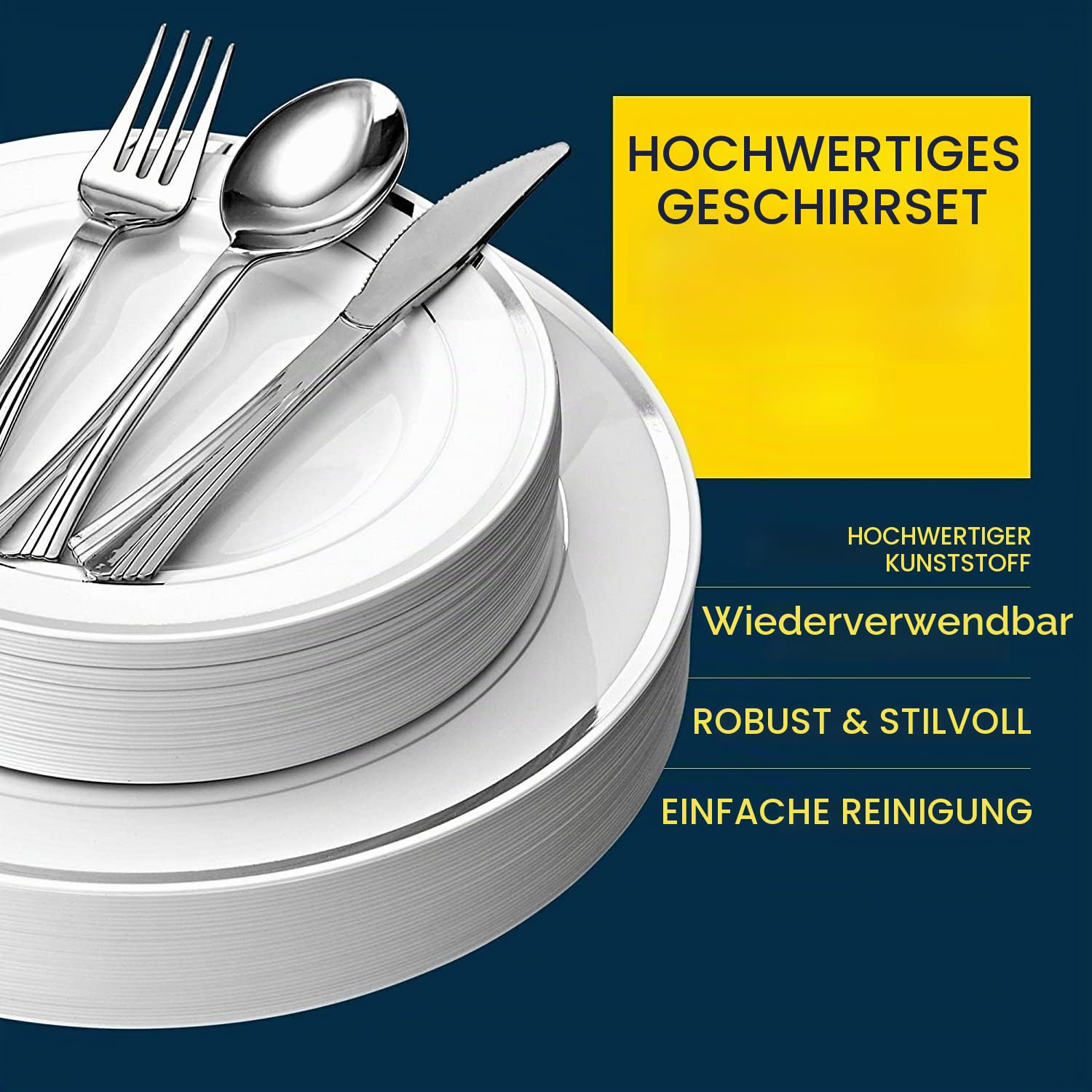 LATERN 150 Stück Mehrweg Silbernes Plastikgeschirr, 25 Stück Speiseteller, 25 Stüce Salatteller, 25 Stüce Messer, 25 Stücks Gabeln, 25 Stücks Löffel, 25 Stückes Tassen für Hochzeit Jubiläum Party